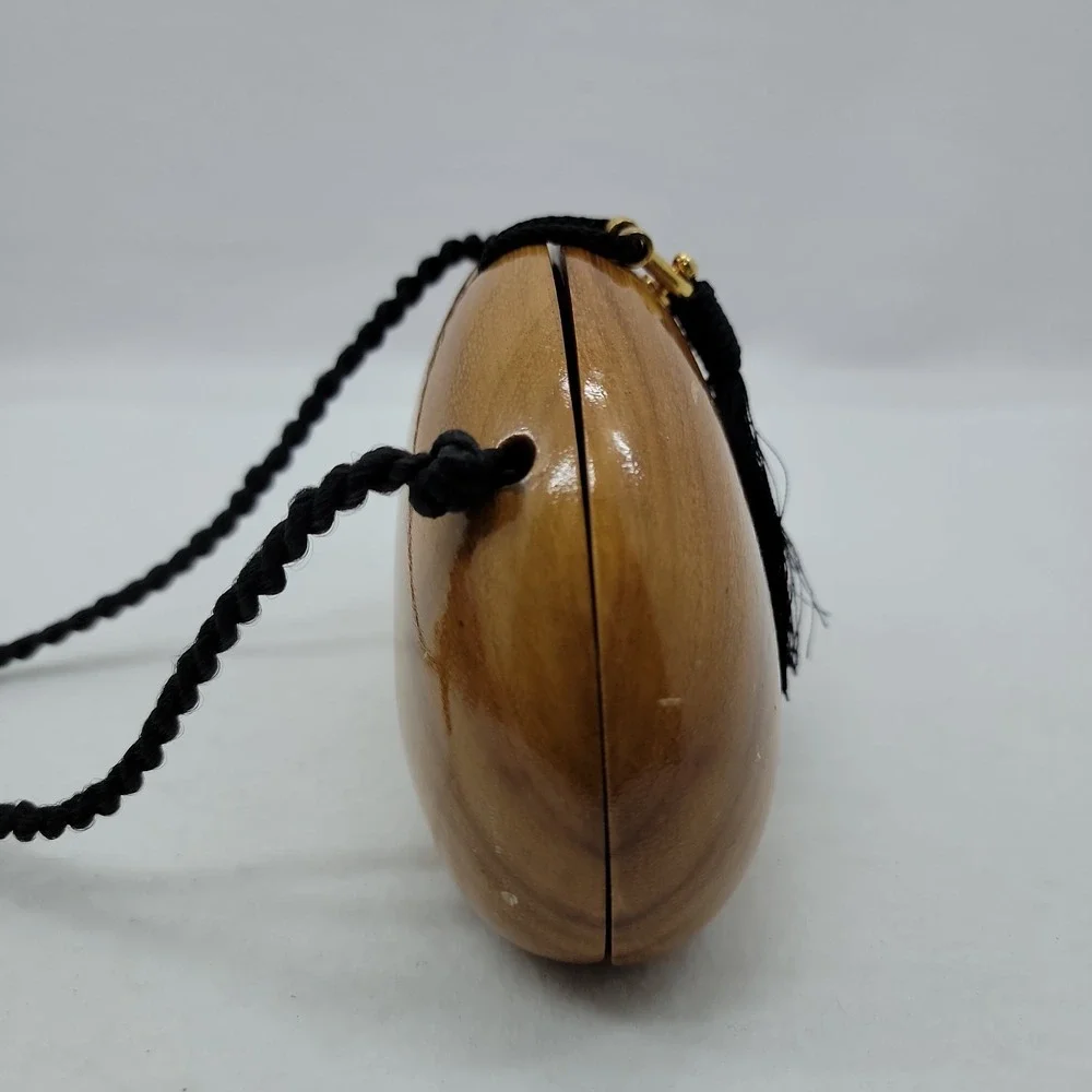 Timmy Woods Beverly Hills Handcrafted Clutch Bag Black Tassel Strap Acacia Wood